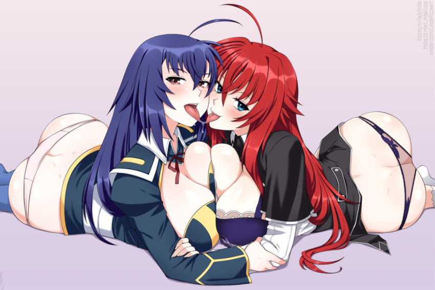 2girls ahoge arched_back ass bangs black_panties blue_eyes blush breast_press breasts brown_eyes butt_crack cleavage_cutout clothing_cutout commentary crossover dimples_of_venus english_commentary hair_between_eyes hand_on_another's_arm high_school_dxd juliet_sleeves kurokami_medaka large_breasts lindaroze long_hair long_sleeves looking_at_viewer lying medaka_box multiple_girls neck_ribbon no_pants no_shoes on_stomach open_mouth panties puffy_sleeves red_hair red_ribbon rias_gremory ribbon saliva school_uniform see-through symmetrical_docking teeth tongue tongue_out twisted_torso twitter_username underwear upper_teeth_only watermark web_address yuri