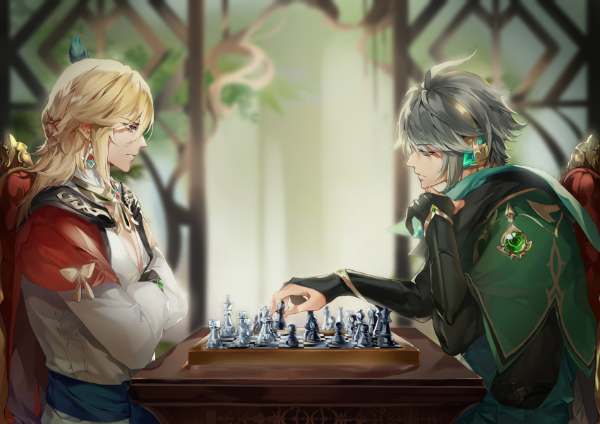 2boys ahoge alhaitham_(genshin_impact) bangs belt black_gloves black_shirt blonde_hair blue_belt blue_eyes blurry blurry_background board_game bow bracelet braid cape chair chess closed_mouth crossed_arms door earrings elbow_gloves eyes_visible_through_hair feather_hair_ornament feathers french_braid gem genshin_impact gloves gold gold_bracelet gold_earrings gold_necklace green_cape green_gemstone grey_hair grey_shirt hair_between_eyes hair_ornament hand_on_own_face hands_up highres indoors jewelry kaveh_(genshin_impact) leaf lian_(fldks_2) lips long_sleeves looking_at_another male_focus mandarin_collar medium_hair multiple_boys necklace open_door playing_games puffy_long_sleeves puffy_sleeves red_cape red_eyes shirt short_hair sitting table tassel v-shaped_eyebrows vision_(genshin_impact) yellow_bow