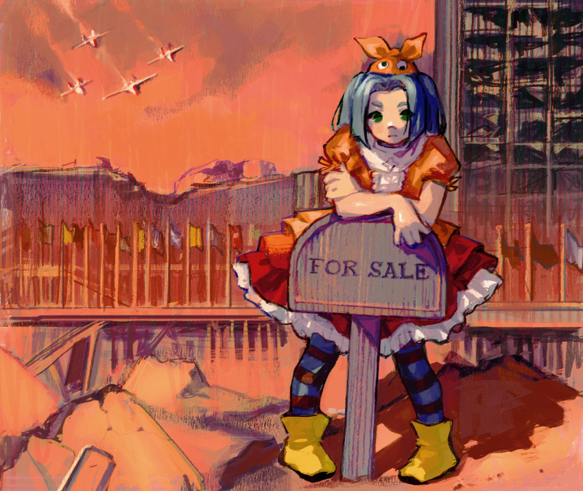 1girl aircraft airplane album_cover_redraw blue_hair boots closed_mouth cloud cloudy_sky derivative_work dress flags_of_all_nations frilled_dress frills green_eyes highres layered_dress looking_at_viewer megadeth meltted monogatari_(series) ononoki_yotsugi orange_dress orange_sky outdoors puffy_short_sleeves puffy_sleeves rubble ruins short_sleeves sign sky solo string_of_flags yellow_footwear