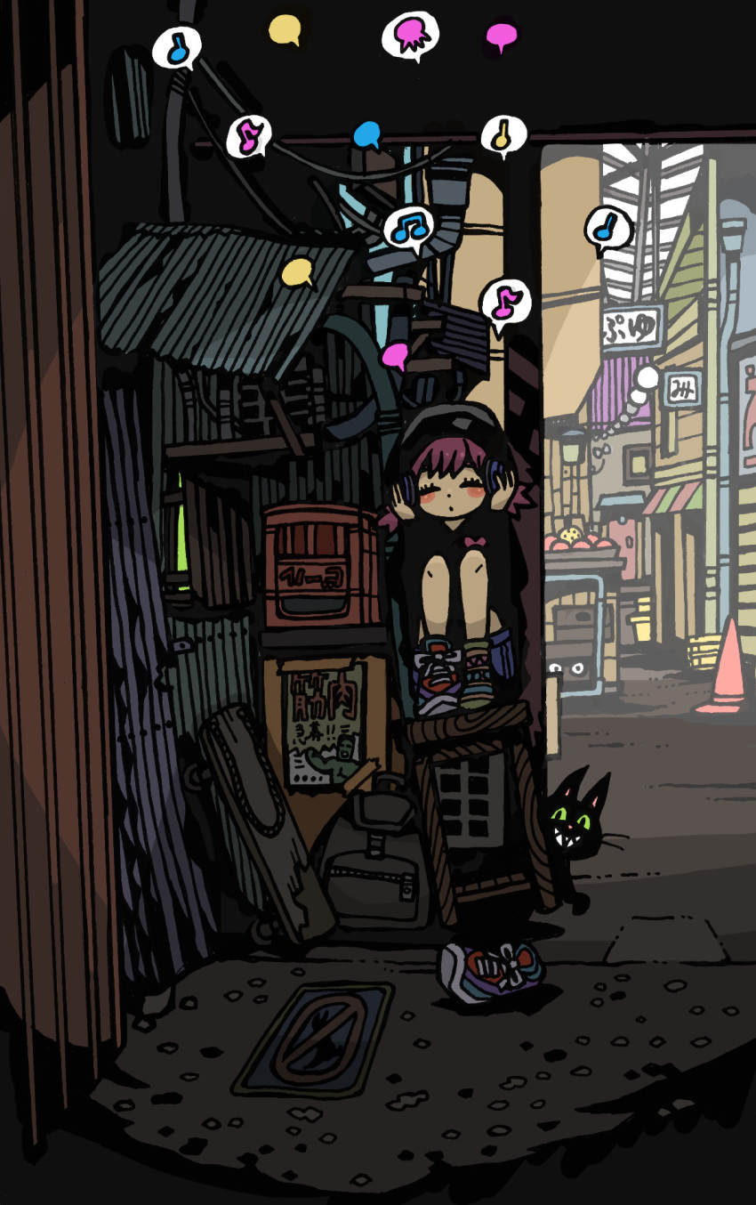 1girl beamed_eighth_notes black_cat blush cat closed_eyes eighth_note garouma headphones highres knees_up medium_hair musical_note original purple_hair quarter_note shadow shoe_removed shoes single_shoe socks solo speech_bubble spoken_musical_note traffic_cone wide_shot
