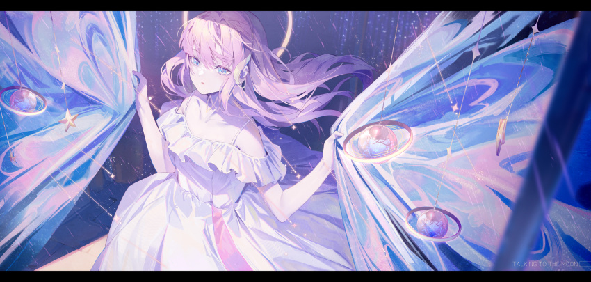 1girl bangs bare_shoulders blue_eyes commentary dress english_commentary english_text floating_hair hair_between_eyes halo hands_up highres holding ji_dao_ji letterboxed long_dress long_hair looking_afar open_mouth original purple_hair solo space standing star_(symbol) upper_body white_dress