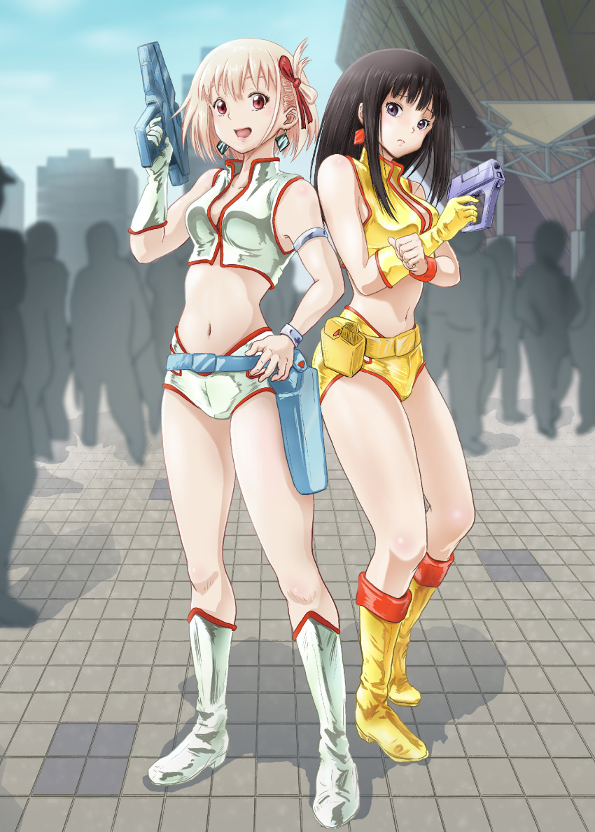 2girls absurdres all_(26981910) black_hair blonde_hair boots check_commentary comiket commentary_request cosplay crowd dirty_pair earrings gloves gun hair_ribbon hand_on_hip highres holding holding_gun holding_weapon inoue_takina jewelry kei_(dirty_pair) kei_(dirty_pair)_(cosplay) legs long_hair looking_at_viewer lycoris_recoil multiple_girls navel nishikigi_chisato open_mouth purple_eyes red_eyes red_ribbon ribbon short_hair single_glove tokyo_big_sight weapon white_footwear white_gloves yellow_footwear yellow_gloves yuri_(dirty_pair) yuri_(dirty_pair)_(cosplay)