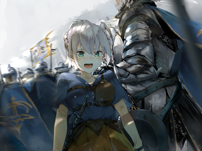1girl aged_down armor braid breastplate cape crying crying_with_eyes_open father_and_daughter flag french_braid full_armor funi_mu9 green_eyes grey_hair hand_on_another's_shoulder highres hololive knight medium_hair open_mouth ponytail shield shirogane_noel sword tears virtual_youtuber weapon