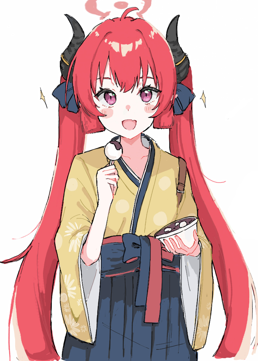 1girl blue_archive blush_stickers food hakama hakama_skirt halo haruharu_sensei highres holding holding_food horns japanese_clothes junko_(blue_archive) junko_(new_year)_(blue_archive) kimono long_hair long_sleeves looking_at_viewer official_alternate_costume open_mouth purple_eyes red_hair simple_background skirt smile solo twintails very_long_hair white_background wide_sleeves yellow_kimono