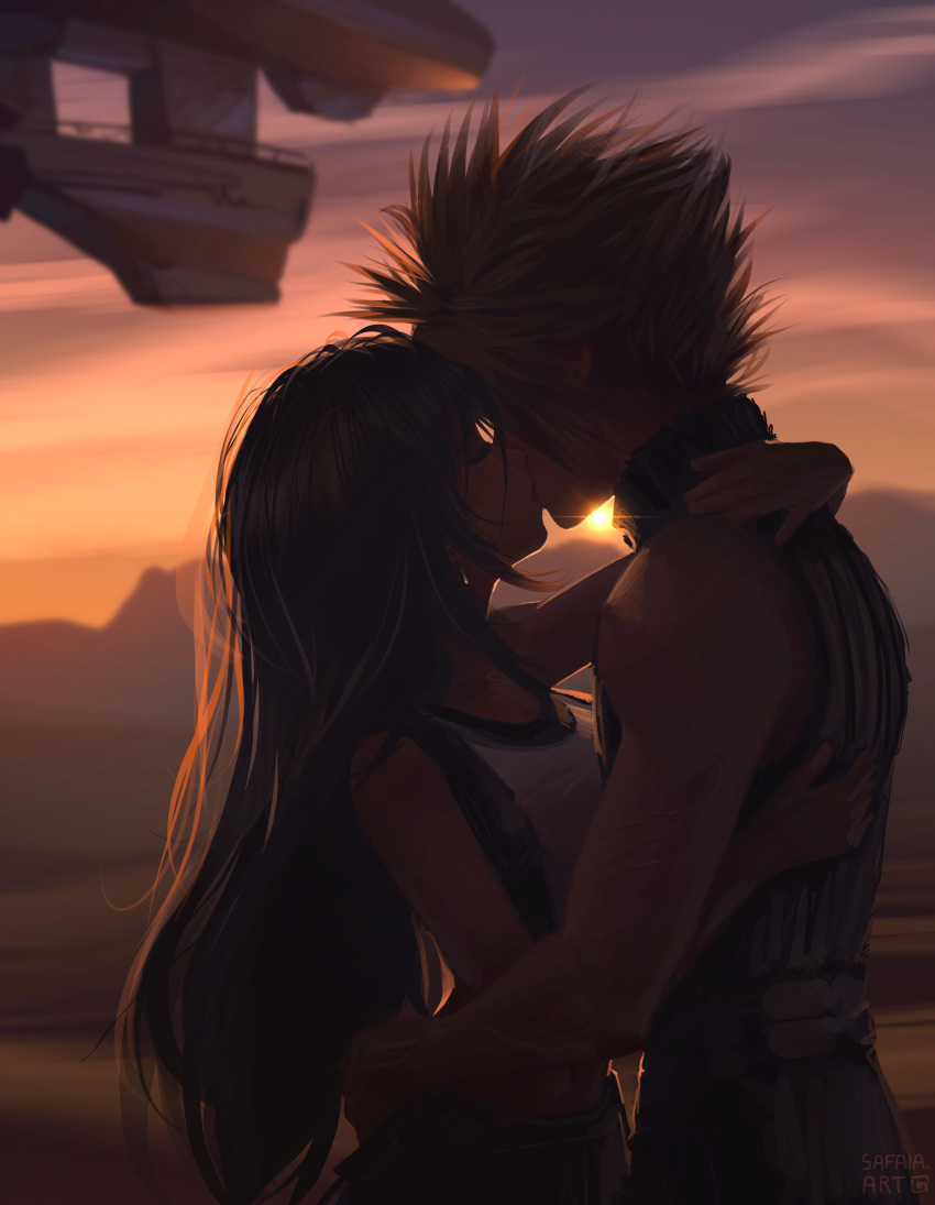 1boy 1girl absurdres aircraft airship black_hair black_skirt black_sports_bra blonde_hair blurry blurry_background closed_eyes cloud cloud_strife cloudy_sky couple crop_top earrings english_commentary final_fantasy final_fantasy_vii final_fantasy_vii_remake from_side hand_on_another's_back hand_on_another's_hip height_difference hetero highres jewelry kiss long_hair mountain mountainous_horizon outdoors ribbed_sweater safaiaart single_earring skirt sky sleeveless sleeveless_turtleneck spiked_hair sports_bra sun sunset suspender_skirt suspenders sweater tank_top tifa_lockhart turtleneck turtleneck_sweater undershirt upper_body white_tank_top