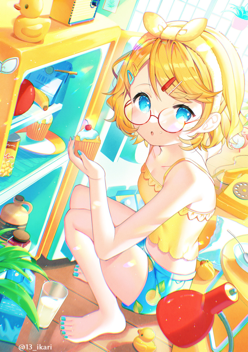 1girl :o alarm_clock apple banana bangs bare_arms bare_legs bare_shoulders barefoot blonde_hair blue_eyes blue_nails blue_shorts blush camisole clock commentary_request cup cupcake drinking_glass food food_on_face fruit full_body hair_ornament hairclip highres holding holding_food ikari_(aor3507) kagamine_rin looking_at_viewer milk milk_carton nail_polish parted_lips phone print_shorts red-framed_eyewear red_apple refrigerator round_eyewear rubber_duck semi-rimless_eyewear short_shorts shorts solo swept_bangs toenail_polish toenails twitter_username under-rim_eyewear vocaloid wooden_floor yellow_camisole