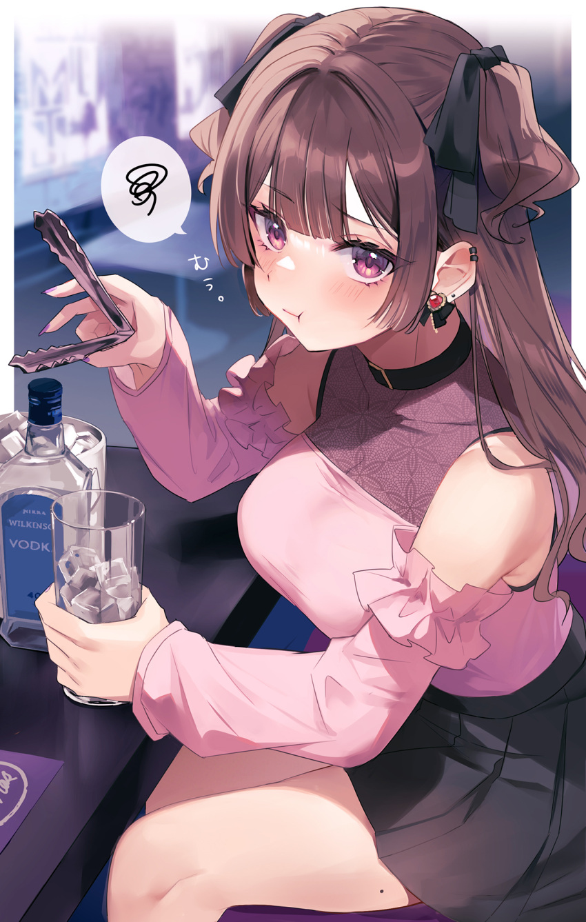 1girl alcohol bangs bare_shoulders black_ribbon black_skirt blush breasts brown_hair closed_mouth commentary_request cup detached_sleeves ear_piercing hair_ornament hair_ribbon highres holding holding_cup holding_tongs ice large_breasts long_hair long_sleeves mole mole_on_thigh monoto nail_polish original piercing pink_shirt pink_sleeves pleated_skirt pouty_lips purple_eyes purple_nails ribbon shirt shirt_tucked_in sitting skirt solo thighs vodka