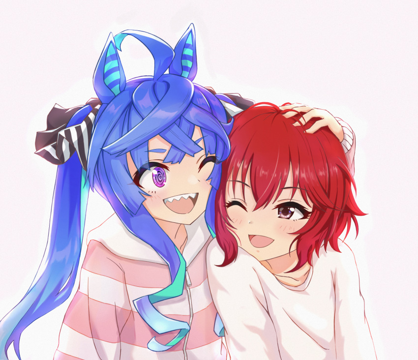 2girls @_@ ahoge animal_ears aqua_hair bangs black_eyes black_ribbon blue_hair crossover hair_ribbon hanai_miharu hand_on_another's_head highres hood hood_down hoodie horse_ears horse_girl idolmaster idolmaster_cinderella_girls long_hair long_sleeves looking_at_another monmonmur multiple_girls murakami_tomoe one_eye_closed pink_hoodie purple_eyes red_hair ribbon sharp_teeth shirt short_hair side-by-side sidelocks simple_background sleepwear striped striped_hoodie teeth twin_turbo_(umamusume) twintails umamusume voice_actor_connection white_background white_shirt zipper