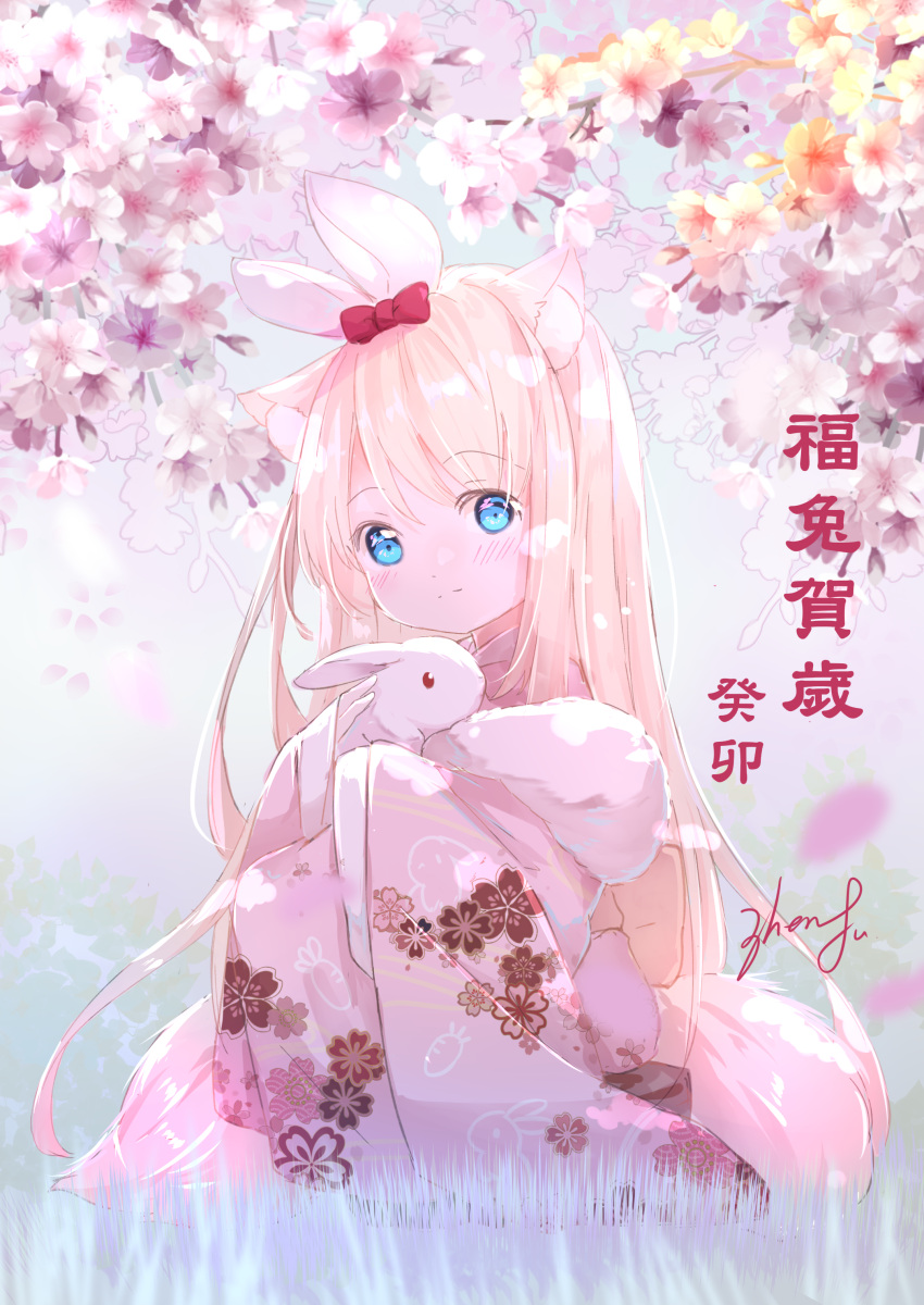 1girl absurdres animal_ear_fluff animal_ears animal_hug bangs blonde_hair blue_eyes blush chinese_zodiac closed_mouth floral_print flower highres japanese_clothes kimono long_hair long_sleeves looking_at_viewer original peas_(peas0125) pink_kimono print_kimono rabbit rabbit_ears sleeves_past_fingers sleeves_past_wrists smile solo tail translation_request very_long_hair white_flower wide_sleeves year_of_the_rabbit yellow_flower