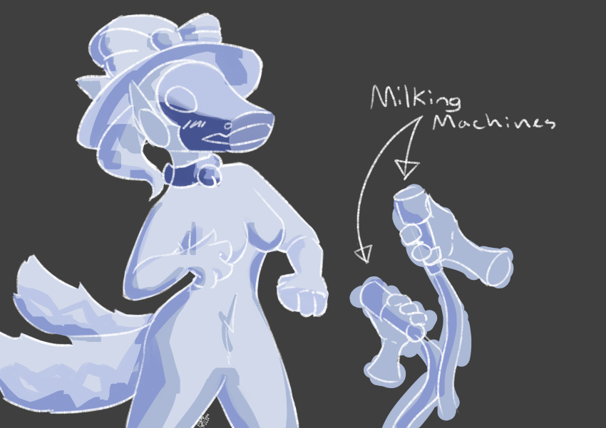 absurd_res anthro bow_(feature) clothing embarrassed female floating_hands hat headgear headwear hi_res machine milking_machine nude protogen schwnnbenedict typi_(schwnnbenedict)