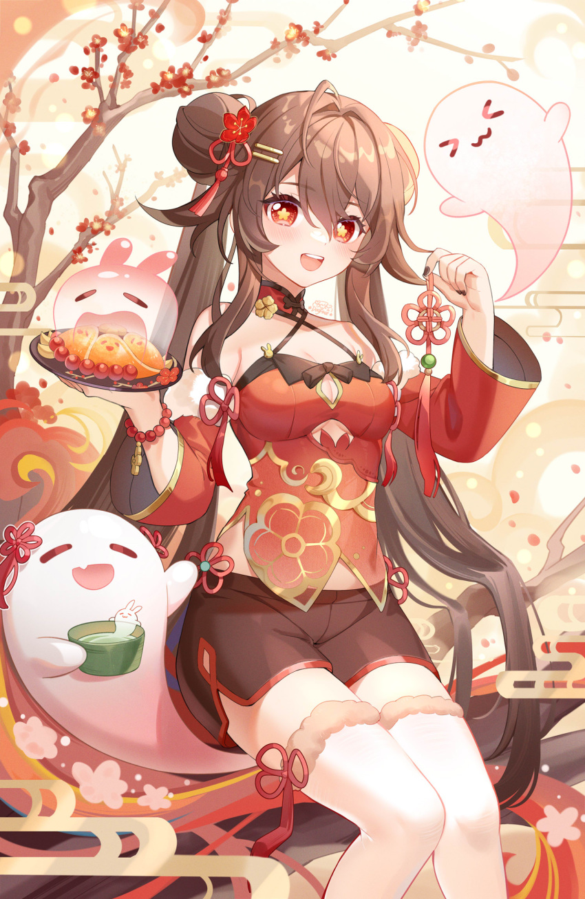 &gt;_&lt; 1girl :3 barefoot bead_bracelet beads black_nails boo_tao_(genshin_impact) bracelet breasts brown_hair china_dress chinese_clothes detached_sleeves double_bun dress flower flower-shaped_pupils food genshin_impact ghost gou_lianlian_dogface hair_bun hair_ornament hairclip highres holding holding_plate hu_tao_(genshin_impact) jewelry long_hair medium_breasts new_year open_mouth plate red_eyes shorts symbol-shaped_pupils thighhighs twintails x3