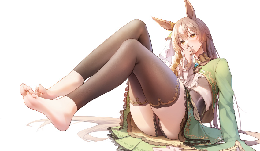 1girl absurdres barefoot black_thighhighs bow_skirt braid brown_eyes brown_hair corset cropped_jacket ear_ornament feet french_braid frilled_shirt frilled_sleeves frills green_jacket green_skirt highres horse_girl jacket lace lace_trim legs long_hair long_skirt long_sleeves multicolored_hair panties risa_(pixiv23908854) satono_diamond_(umamusume) shirt skirt sleeves_past_fingers sleeves_past_wrists soles streaked_hair thighhighs toes umamusume underwear very_long_hair white_shirt