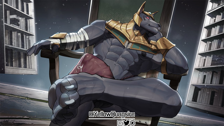 16:9 anthro anubian_jackal armor bodily_fluids bulge canid canine canis chair clothed clothing cum erection feet furniture genital_fluids genitals humanoid jackal league_of_legends male mammal muscular muscular_anthro muscular_male nasus_(lol) nipples pecs penis riot_games sitting smile solo underwear widescreen yellowquagsire
