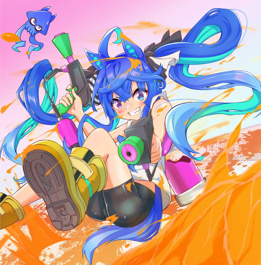 1girl ahoge animal_ears aqua_hair bangs bike_shorts black_ribbon black_shorts blue_eyes blue_hair boots commentary crossover dual_wielding grin hair_ribbon heterochromia highres holding holding_weapon horse_ears horse_girl horse_tail ink_tank_(splatoon) jumping long_hair looking_at_viewer monmonmur paint_on_body paint_on_clothes paint_splatter purple_eyes ribbon sharp_teeth shirt short_shorts shorts sidelocks smile splat_dualies_(splatoon) splatoon_(series) squid tail tank_top teeth twin_turbo_(umamusume) twintails umamusume very_long_hair weapon white_shirt yellow_footwear