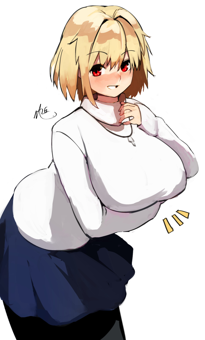 1girl absurdres arcueid_brunestud bangs black_pantyhose blonde_hair blue_skirt blush breasts grin highres jewelry large_breasts long_sleeves looking_at_viewer naze necklace pantyhose red_eyes short_hair skirt smile solo sweater thighs tsukihime turtleneck turtleneck_sweater white_sweater