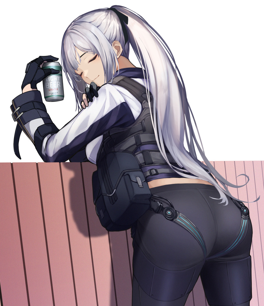 1girl 3_small_spiders absurdres ak-12_(girls'_frontline) ass beer_can black_gloves black_pants bow braid can closed_eyes french_braid from_behind girls'_frontline gloves grey_hair hair_bow hand_rest hand_up harness highres holding holding_can leaning_on_object long_hair looking_back pants partially_fingerless_gloves ponytail pouch smile tactical_clothes