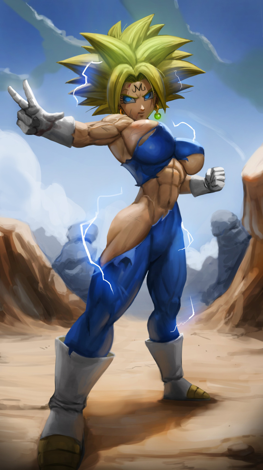 1girl abs absurdres battle_damage blonde_hair blue_bodysuit blue_eyes blue_sky bodysuit boots clenched_hand closed_mouth cosplay covered_nipples dragon_ball dragon_ball_super dragon_ball_z earrings electricity elite_nappa facial_mark forehead_mark gloves highres jewelry kefla_(dragon_ball) majin_vegeta muscular muscular_female outdoors potara_earrings sky solo spiked_hair standing super_saiyan super_saiyan_2 torn_bodysuit torn_clothes vegeta vegeta_(cosplay) w white_footwear white_gloves