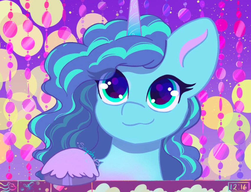 blue_body blue_hair blue_hooves detailed_background equid equine eyelashes female feral fetlocks green_eyes hair hasbro hi_res hooves horn leg_tuft mammal misty_(g5) mlp_g5 multicolored_hair my_little_pony saphypone signature smile solo tuft two_tone_hair unicorn unicorn_horn