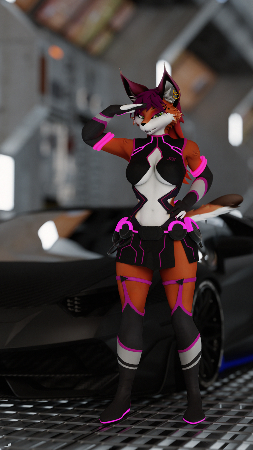 3d_(artwork) 4k_resolution 9:16 absurd_res accessory anthro blender_(software) blender_cycles bodysuit bokeh boots bottomwear breasts canid canine car cargo cleavage cleavage_cutout close-up clothed clothing cyberpunk digital_media_(artwork) display_device ear_piercing ear_ring female fingerless_gloves floor floor_light focused footwear fox foxxy_vixen foxy_(original) gesture gloves glowing grate green_eyes hair hand_on_hip handwear hi_res high_heels huge_filesize inner_ear_fluff lamborghini lamborghini_aventador led_light legwear magenta_colors mammal military monitors neon neon_lights piercing pinup pose reflections ring_piercing salute skinsuit skirt solo storage_room straps tight_clothing tuft tuning under_boob vehicle wall_(structure) wheel