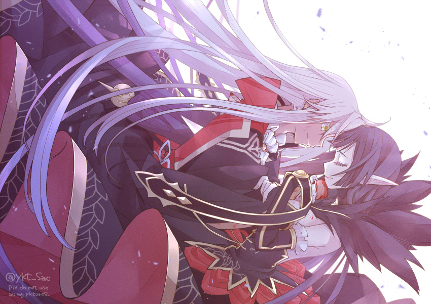 1boy 1girl absurdres amakusa_shirou_(fate) bangs black_hair blood breasts closed_eyes closed_mouth detached_sleeves fate/apocrypha fate/grand_order fate_(series) highres jewelry large_breasts long_hair looking_at_another pointy_ears ring semiramis_(fate) simple_background smile twitter_username very_long_hair white_hair yellow_eyes yukichi_(yk_sac)