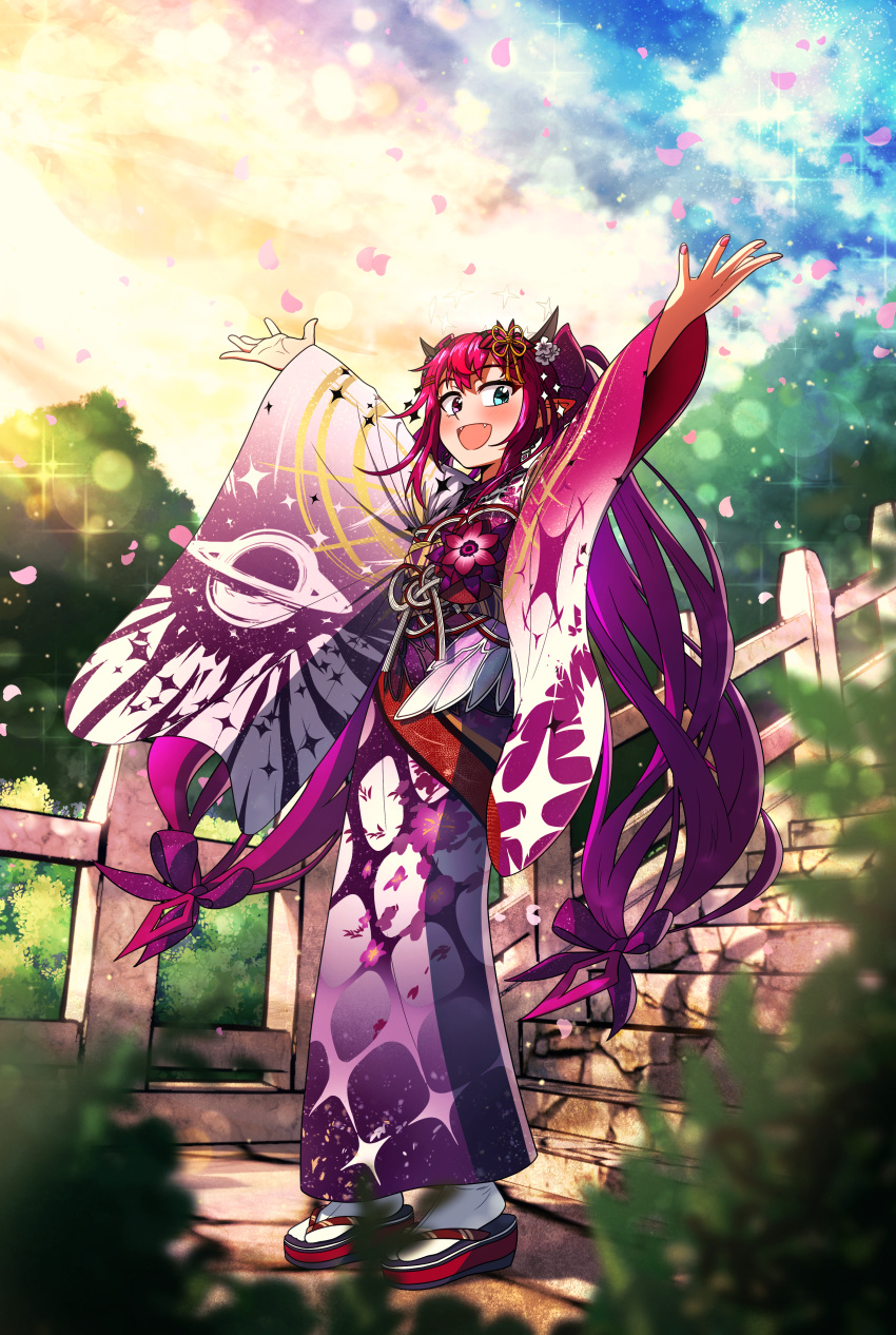 1girl :d \o/ absurdres arms_up blue_eyes blurry blurry_foreground blush bow cherry_blossoms ddolbang dress_flower english_commentary falling_petals fangs fence floral_print flower full_body geta gradient_sky grin hair_bow hair_flower hair_ornament hairclip halo heterochromia highres hololive hololive_english horns irys_(hololive) japanese_clothes kimono long_hair long_sleeves looking_at_viewer multicolored_clothes multicolored_kimono obi outstretched_arms petals pink_eyes pointy_ears purple_bow purple_hair purple_kimono red_hair sash sidelocks sky smile solo stairs standing star_(symbol) star_halo star_print tabi tassel tassel_hair_ornament very_long_hair virtual_youtuber wide_sleeves