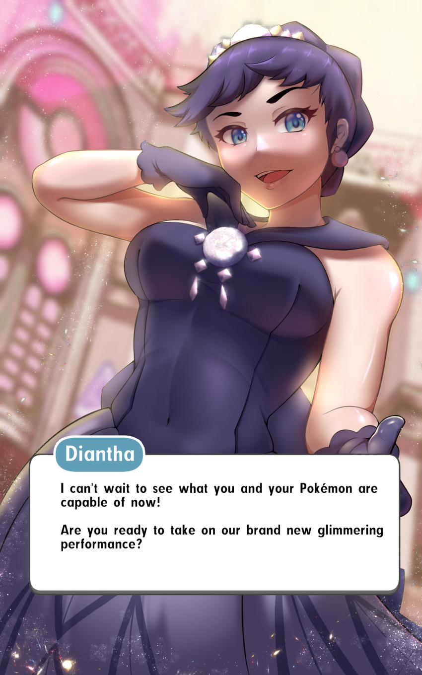 1girl bangs bare_arms black_dress black_gloves black_hair blue_eyes blurry breasts character_name commentary_request covered_navel dialogue_box diantha_(pokemon) diantha_(sygna_suit)_(pokemon) dress earrings english_text eyelashes gloves highres indoors jewelry looking_at_viewer medium_breasts official_alternate_costume open_mouth pokemon pokemon_(game) pokemon_masters_ex short_hair skaditya smile solo teeth tiara tongue upper_teeth_only