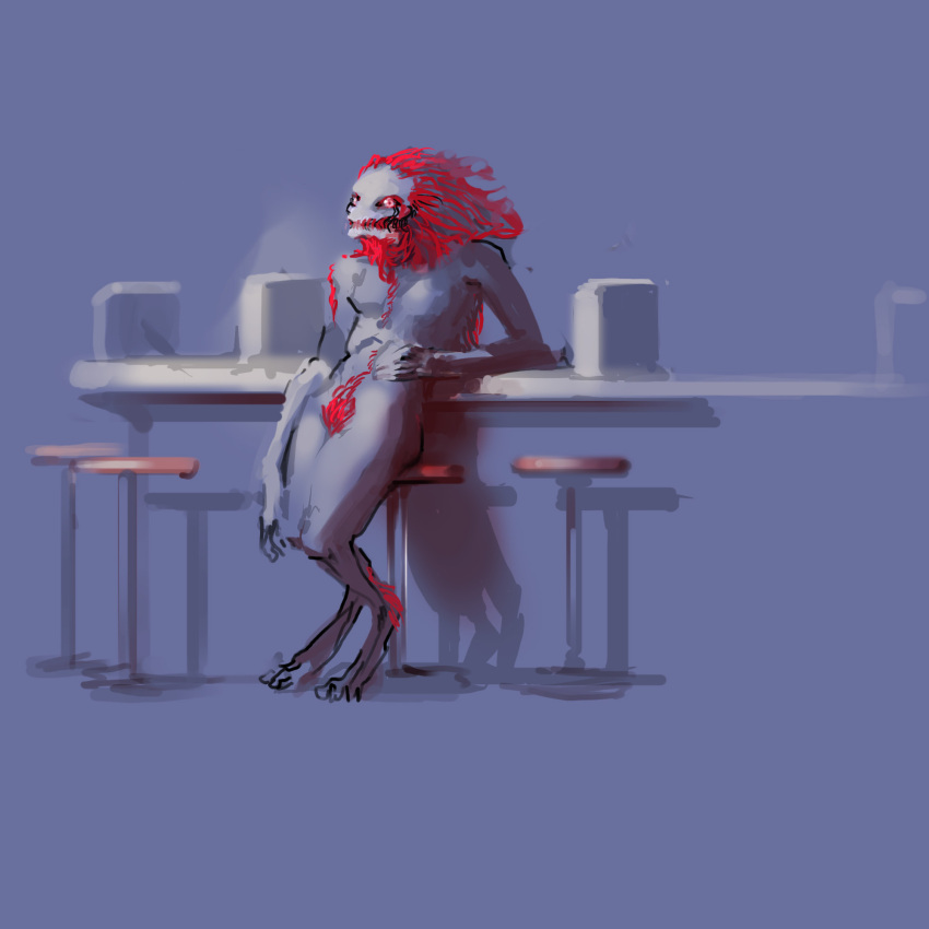 1:1 ambiguous_gender arm_support bar bar_counter bar_stool counter furniture hair hi_res humanoid leaning leaning_back leaning_on_elbow looking_at_viewer meandraco monster noseless nude pubes red_hair red_pubes sharp-teeth simple_background solo stool