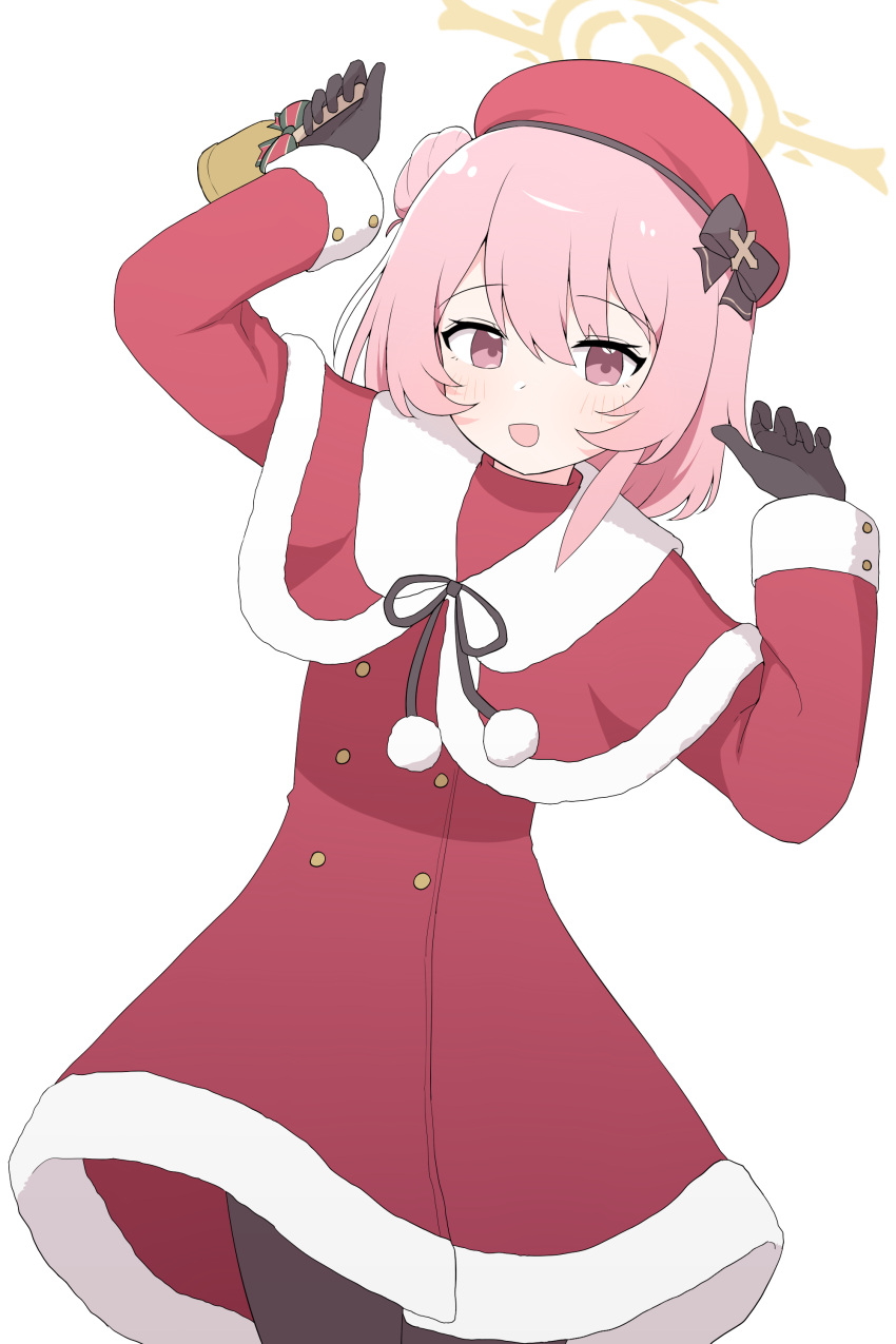 1girl absurdres black_gloves blue_archive feathers gloves hagoonha hair_ribbon handbell highres pink_eyes pink_hair ribbon santa_costume serina_(blue_archive) simple_background white_background