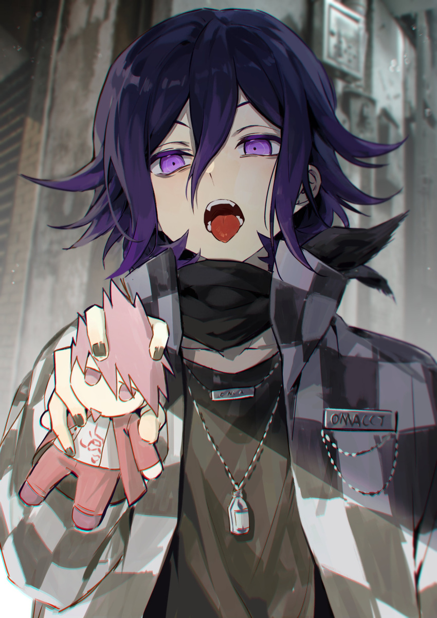 1boy absurdres alternate_costume bangs black_scarf character_doll checkered_clothes checkered_jacket collarbone danganronpa_(series) danganronpa_v3:_killing_harmony fangs flipped_hair highres holding jacket jewelry male_focus momota_kaito multicolored_hair nanin necklace open_clothes open_jacket ouma_kokichi pink_eyes purple_hair scarf solo teeth tongue tongue_out two-tone_hair