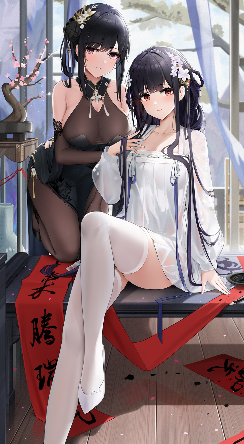 2girls absurdres azur_lane bare_shoulders black_bodysuit black_dress black_footwear black_gloves black_hair blush bodysuit bonsai braid breasts chen_hai_(azur_lane) chen_hai_(vestibule_of_wonders)_(azur_lane) chinese_clothes commentary_request dress elbow_gloves flower foot_out_of_frame foot_up gloves hair_flower hair_ornament hair_rings high_heels highres large_breasts legs long_hair long_sleeves looking_at_viewer medium_breasts multiple_girls official_alternate_costume one_knee parted_lips puffy_long_sleeves puffy_sleeves qing_wu red_eyes see-through see-through_sleeves short_dress sitting standing thighhighs thighs tree very_long_hair white_dress white_footwear white_thighhighs wooden_floor yat_sen_(azur_lane) yat_sen_(paragon_of_celestial_grace)_(azur_lane)