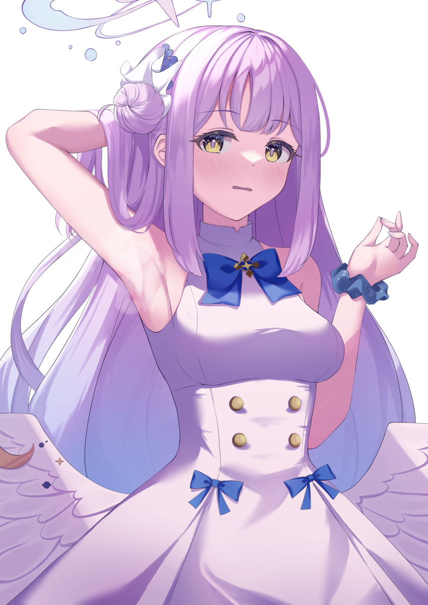 1girl absurdres angel_wings arm_up armpits blue_archive blue_bow blue_bowtie blush bow bowtie commentary_request dress dress_bow flower fukujin hair_bun hair_flower hair_ornament hair_scrunchie halo highres long_hair low_wings mika_(blue_archive) purple_hair scrunchie single_hair_bun sleeveless sleeveless_dress solo steaming_body white_dress white_wings wing_ornament wings wrist_scrunchie yellow_eyes
