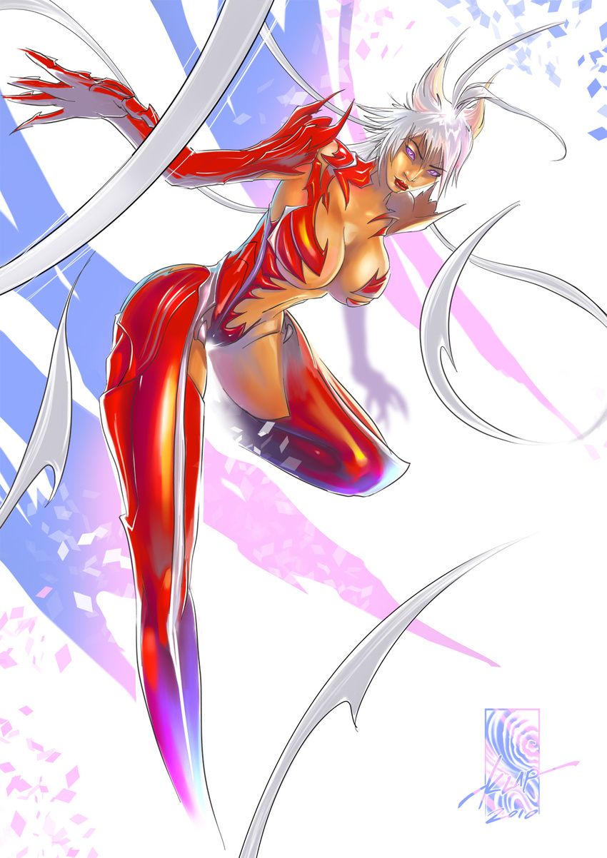 amaha_masane armor breasts cleavage highres medium_breasts purple_eyes solo white_hair witchblade
