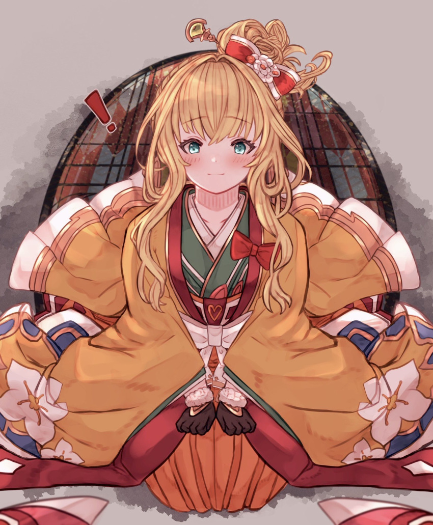 ! 1girl aqua_eyes black_gloves blonde_hair blush bow floral_print gloves granblue_fantasy hair_bow hair_bun hair_ornament hairpin highres japanese_clothes kimono layered_clothing layered_kimono mirin_(granblue_fantasy) seiza sitting smile