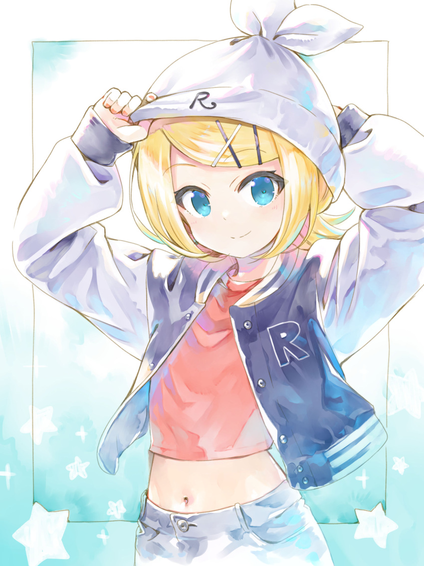 1girl adjusting_clothes adjusting_headwear bangs beanie black_jacket blazer blonde_hair blue_eyes bow casual clothes_writing crop_top hair_bow hair_ornament hairclip hands_up hat highres jacket kagamine_rin kei_(keigarou) looking_at_viewer midriff navel red_shirt shirt short_hair smile solo star_(symbol) starry_background swept_bangs upper_body vocaloid white_bow white_headwear