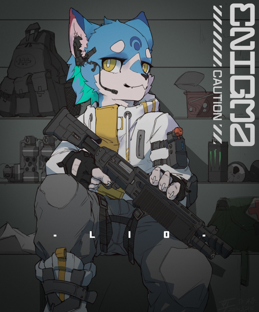 2021 anthro backpack bottomwear bwydxm canid canine clothed clothing explosives fingerless_gloves gloves grenade gun handwear headphones hi_res jacket male mammal pants ranged_weapon shotgun sitting solo topwear weapon