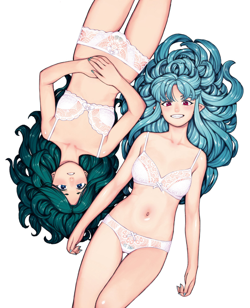2girls bare_arms bare_shoulders blue_eyes blue_hair blue_nails blue_pubic_hair bra breasts collarbone colored_pubic_hair commentary_request fangs female_pubic_hair from_above green_hair green_nails green_pubic_hair grin hair_spread_out hamada_yoshikazu hand_on_own_stomach highres kiriha_(tsugumomo) kukuri_(tsugumomo) lace lace_bra lace_panties light_blue_hair lingerie long_hair looking_at_viewer lying midriff multiple_girls nail_polish navel official_art on_back panties parted_lips pointy_ears pubic_hair red_eyes rotational_symmetry simple_background small_breasts smile teeth thigh_gap thighs tsugumomo underwear underwear_only white_background white_bra white_panties