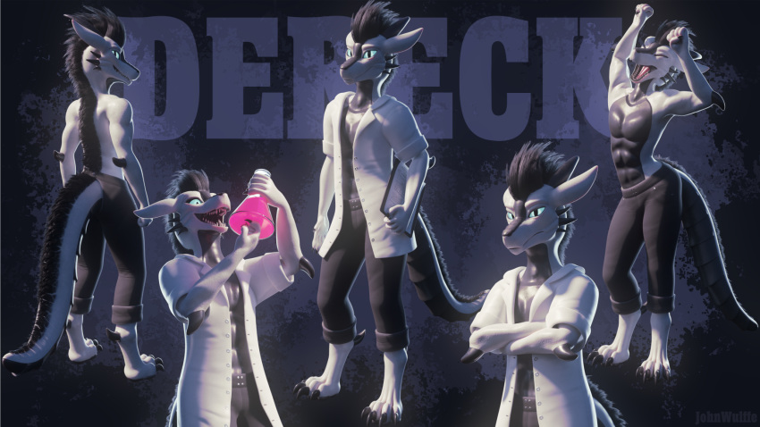 3d_(artwork) abs animal_humanoid anthro athletic athletic_anthro athletic_male black_body black_hair black_scales blue_eyes bottomwear clothed clothing coat dereck_(johnwulffe) digital_media_(artwork) dragon dragon_humanoid hair hi_res horn humanoid johnwulffe male model_sheet multiple_poses open_clothing open_shirt open_topwear pants pose scales scalie scalie_humanoid shirt solo spikes standing topwear white_body wingless_dragon