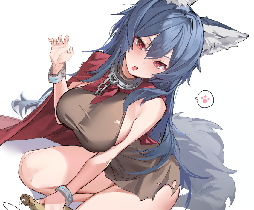 1girl :d absurdres animal_ears bare_shoulders blue_hair bracelet breasts brown_shirt cape chain collar commission dutch_angle fang hand_up highres jewelry kneeling large_breasts long_hair looking_at_viewer mendou_kusai open_mouth original red_cape red_eyes shirt sleeveless sleeveless_shirt smile solo spoken_paw tail taut_clothes taut_shirt thighs torn_clothes torn_shirt very_long_hair wolf_ears wolf_girl wolf_tail