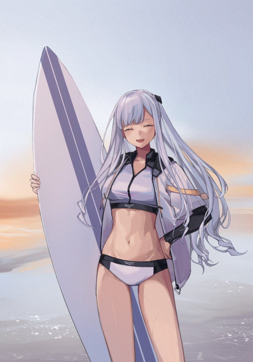 1girl :d ak-12_(age_of_slushies)_(girls'_frontline) ak-12_(girls'_frontline) closed_eyes cowboy_shot girls'_frontline grey_jacket highres holding holding_surfboard jacket long_hair midriff navel ocean open_clothes open_jacket open_mouth outdoors sidelocks sky smile solo sports_bikini standing sunset surfboard swimsuit taiyang_ami water white_hair