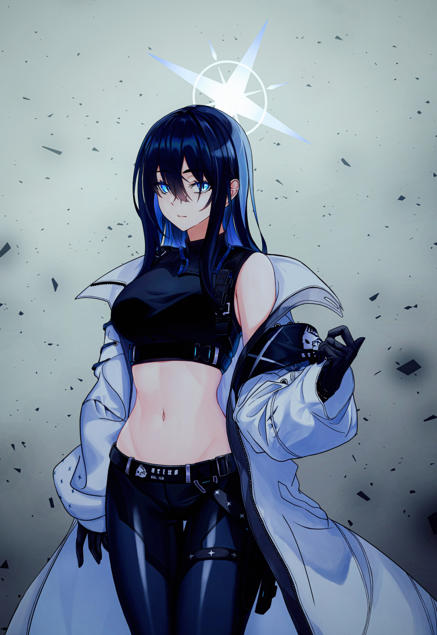 1girl absurdres armband bare_shoulders black_gloves black_pants black_shirt blue_archive blue_eyes blue_hair breasts coat commentary_request cowboy_shot crop_top gloves grey_background hair_between_eyes highres large_breasts leggings long_hair long_sleeves looking_at_viewer midriff mikanjam navel no_headwear open_clothes open_coat pants partial_commentary saori_(blue_archive) shirt sleeveless sleeveless_shirt solo standing stomach thighs white_coat