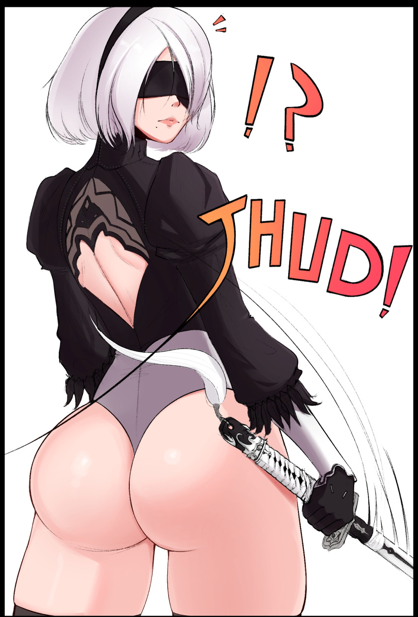 1girl android ass fighting_stance fraankyy highres huge_ass looking_at_viewer looking_back nier nier:_automata nier_(series) robot sword weapon white_hair yorha_no._2_type_b