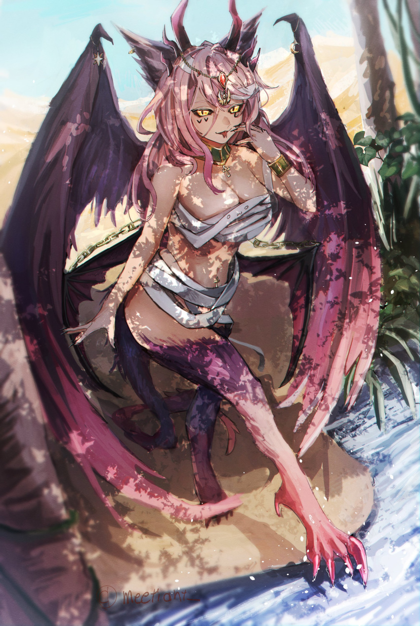 1girl absurdres ankh bandages black_sclera chain colored_sclera desert dragon_girl dragon_horns dragon_tail dragon_wings egyptian_art facial_tattoo feathered_wings forked_tongue head_wings heart heart_tattoo highres horns indie_virtual_youtuber jewelry looking_at_viewer multiple_horns multiple_wings mummification_(non_bound) naked_bandage navel_piercing oasis piercing pink_hair sharp_toenails slit_pupils snake_armband tail tan tattoo toenails tongue tongue_out trickywi tur virtual_youtuber wings yellow_eyes