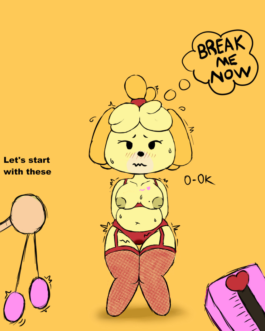 animal_crossing anthro female hi_res isabelle_(animal_crossing) nintendo simple_background six343 sketch slightly_chubby solo text