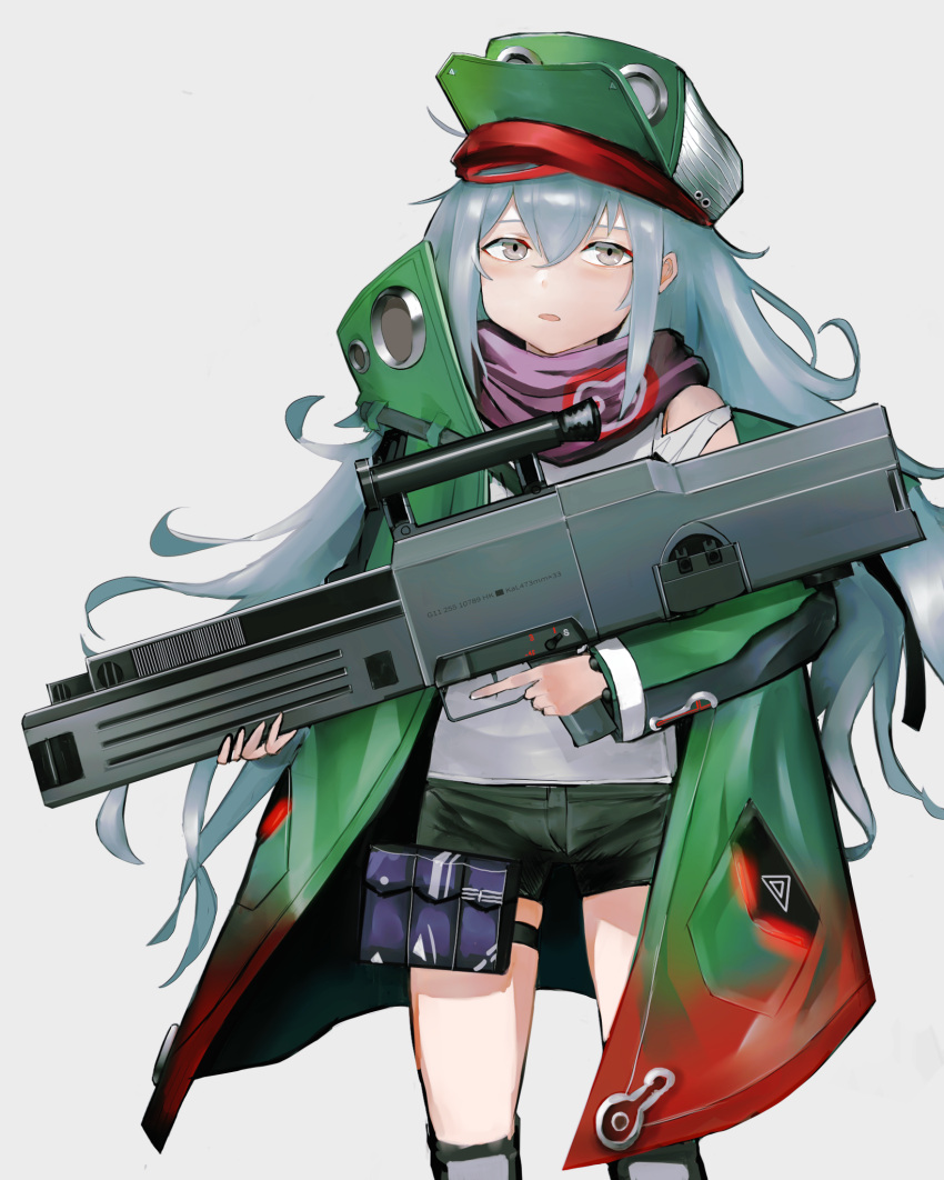 1girl assault_rifle bangs expressionless feet_out_of_frame g11_(girls'_frontline) girls'_frontline green_jacket grey_background grey_eyes grey_hair gun h&amp;k_g11 hair_between_eyes hair_ornament hat highres holding holding_gun holding_weapon jacket long_hair looking_at_viewer open_mouth rifle shirt simple_background sleeveless sleeveless_shirt solo standing toshinori510 weapon