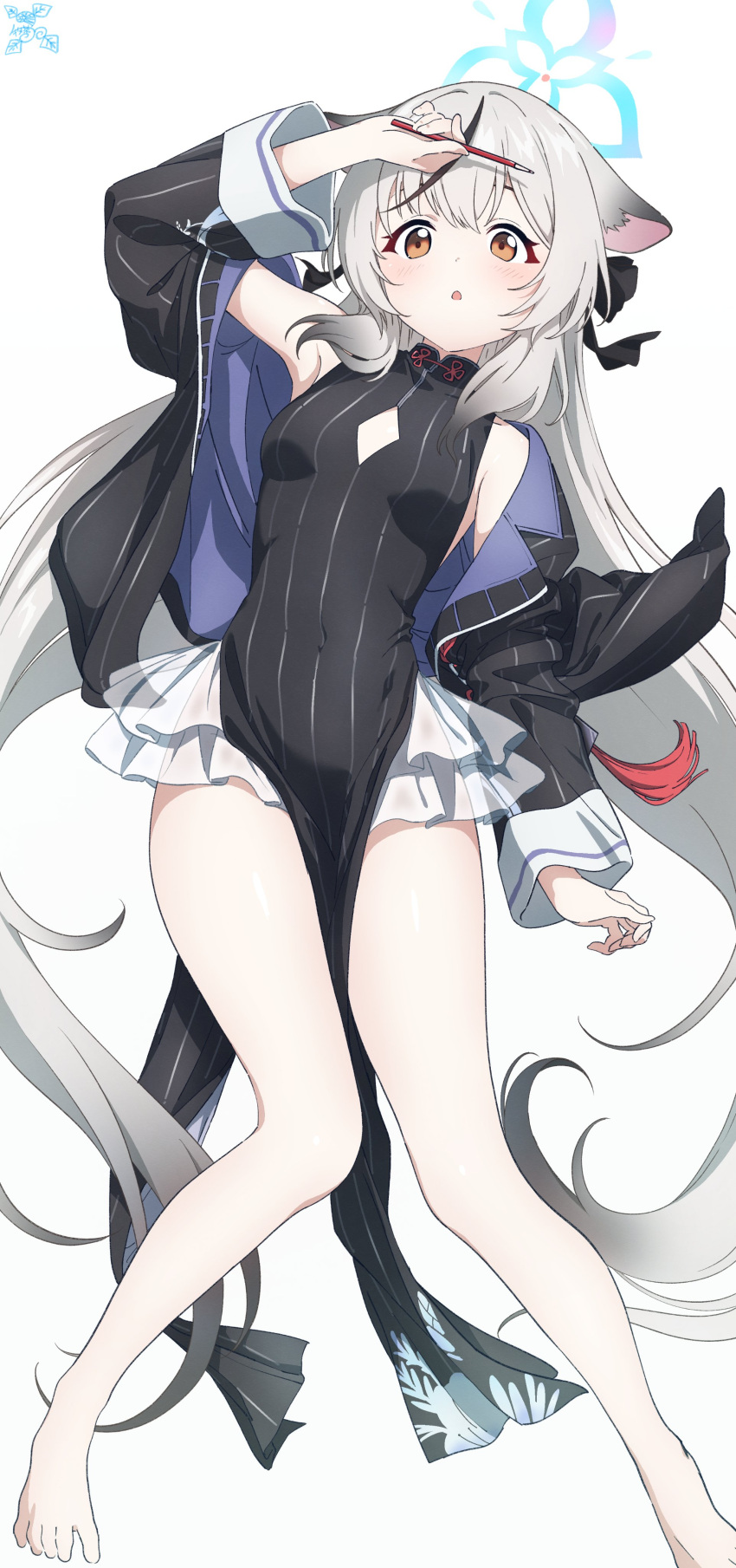 1girl :o absurdres barefoot black_dress black_hair black_jacket blue_archive blue_background brown_eyes cleavage_cutout clothing_cutout covered_navel dress gradient_background grey_hair highres holding holding_pen jacket kokona_(blue_archive) legs long_hair looking_at_viewer makicha_(sasurainopink) multicolored_hair pen skirt solo streaked_hair striped striped_dress striped_jacket thighs toes vertical-striped_dress vertical-striped_jacket vertical_stripes very_long_hair white_background white_skirt