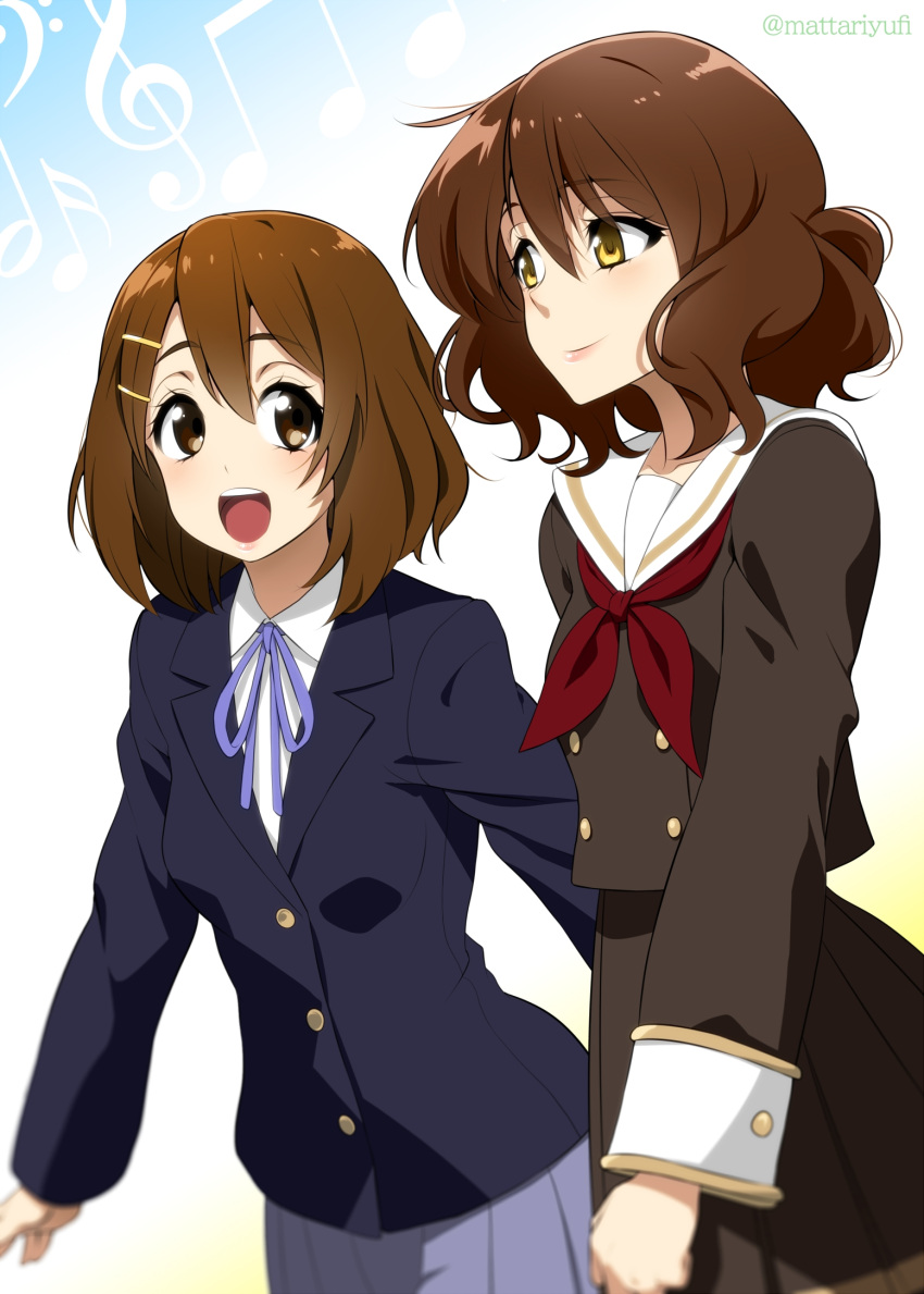 2girls brown_eyes brown_hair commentary_request hair_ornament hairclip hibike!_euphonium highres hirasawa_yui jacket k-on! long_sleeves mattari_yufi multiple_girls musical_note open_mouth oumae_kumiko pleated_skirt school_uniform short_hair skirt smile treble_clef upper_body wavy_hair yellow_eyes