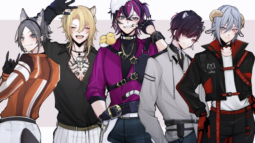 5boys :d ^_^ animal_ear_fluff animal_ears animal_on_shoulder arm_up asymmetrical_bangs bangs belt belt_buckle bird bird_on_shoulder black_belt black_gloves black_hair black_jacket black_pants black_shirt blonde_hair blue_eyes blush brown_belt brown_hair buckle chain_necklace chest_tattoo chick choker closed_eyes closed_mouth collarbone collared_jacket collared_shirt commentary covered_collarbone cropped_jacket crossed_bangs curled_horns doppio_dropscythe drawstring dress_shirt egg eggshell english_commentary eyelashes fingerless_gloves fulgur_ovid gloves gold_necklace gradient_hair grey_background grey_eyes grey_hair grin hair_between_eyes hand_in_pocket highres horns jacket jewelry lion_ears long_sleeves looking_at_viewer looking_back luca_kaneshiro male_focus medium_hair mouth_pull multicolored_hair multicolored_shirt multiple_boys mysta_rias necklace nijisanji nijisanji_en open_clothes open_collar open_jacket open_mouth orange_shirt pants parted_bangs purple_eyes purple_hair purple_shirt ring_necklace shirt shirt_tucked_in short_hair short_sidetail sidelocks simple_background sleeves_rolled_up smile smirk standing streaked_hair tail tattoo teeth tiger_ears tiger_tail turtleneck two-tone_background upper_teeth_only ver_vermillion virtual_youtuber waving white_background white_belt white_hair white_pants white_shirt wing_collar wolf_ears yukishiro_(boma_winter)