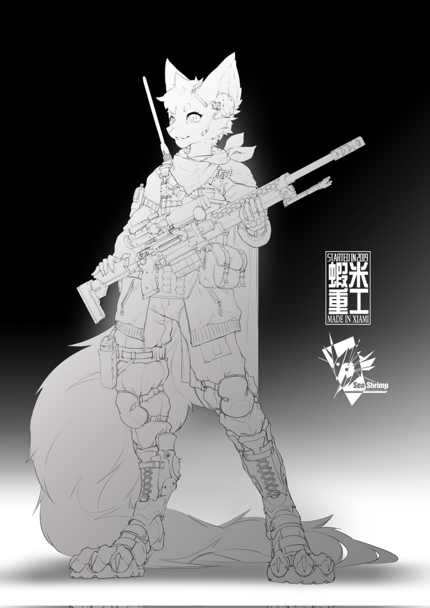 2023 3_toes anthro black_and_white bulletproof_vest bwydxm canid canine clothed clothing digitigrade digitigrade_footwear feet footwear furgonomics gradient_background gun headphones hi_res knee_pads male mammal monochrome neckerchief ranged_weapon simple_background solo standing tactical_gear toeless_footwear toes weapon