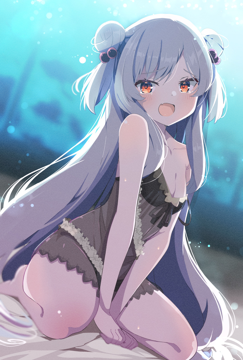 1girl absurdres bare_arms bare_legs barefoot between_legs blurry blurry_background breasts cleavage commission dress dutch_angle fang grey_dress grey_hair hand_between_legs highres long_hair looking_at_viewer nightgown open_mouth original red_eyes shiro9jira short_dress sitting skeb_commission skin_fang sleeveless sleeveless_dress small_breasts solo strap_slip tears very_long_hair wariza