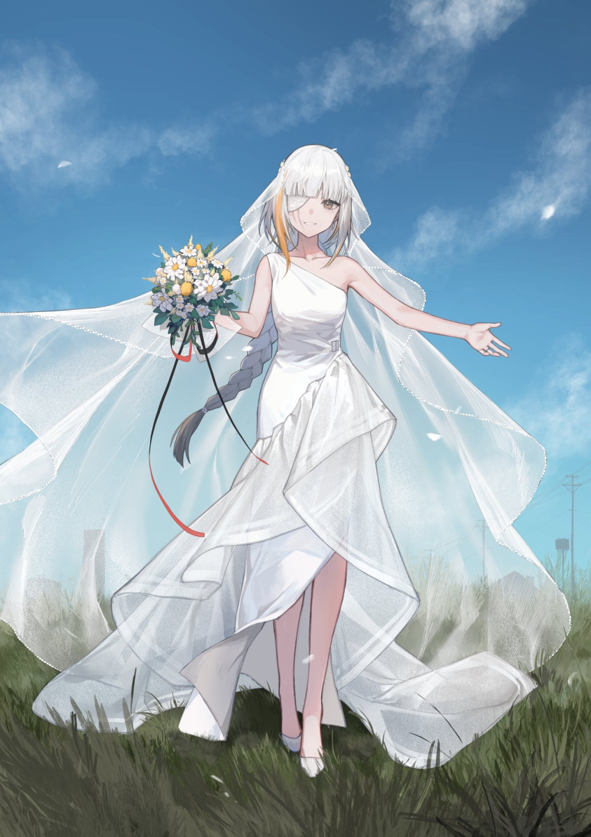 1girl blonde_hair bouquet braid bridal_veil cloud cloudy_sky collarbone commentary_request dress earrings eyepatch full_body girls'_frontline grass highres holding holding_bouquet jewelry looking_at_viewer m16a1_(boss)_(girls'_frontline) m16a1_(girls'_frontline) mole mole_under_eye multicolored_hair open_arms outdoors ring scar scar_on_face shoes single_bare_shoulder single_braid sky sleeveless sleeveless_dress smile solo taiyang_ami veil wedding_dress wedding_ring white_dress white_footwear white_hair